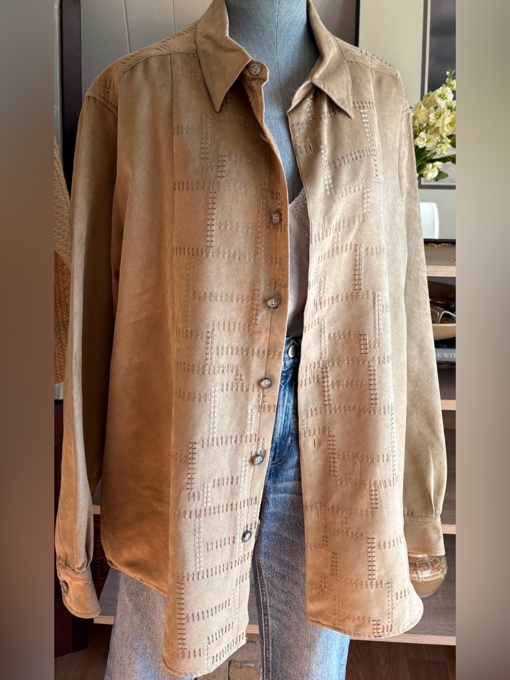 Claiborne Tan Faux-Suede Button-Front Shirt